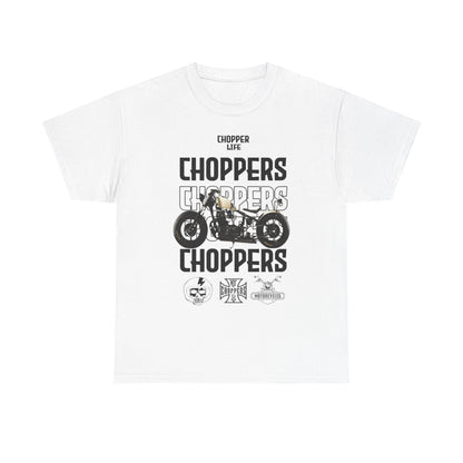 Elegant white T-shirt featuring a bold 'CHOPPER LIFE' graphic and a striking chopper motorcycle design, perfect for stylish bikers seeking sophistication in casual wear.