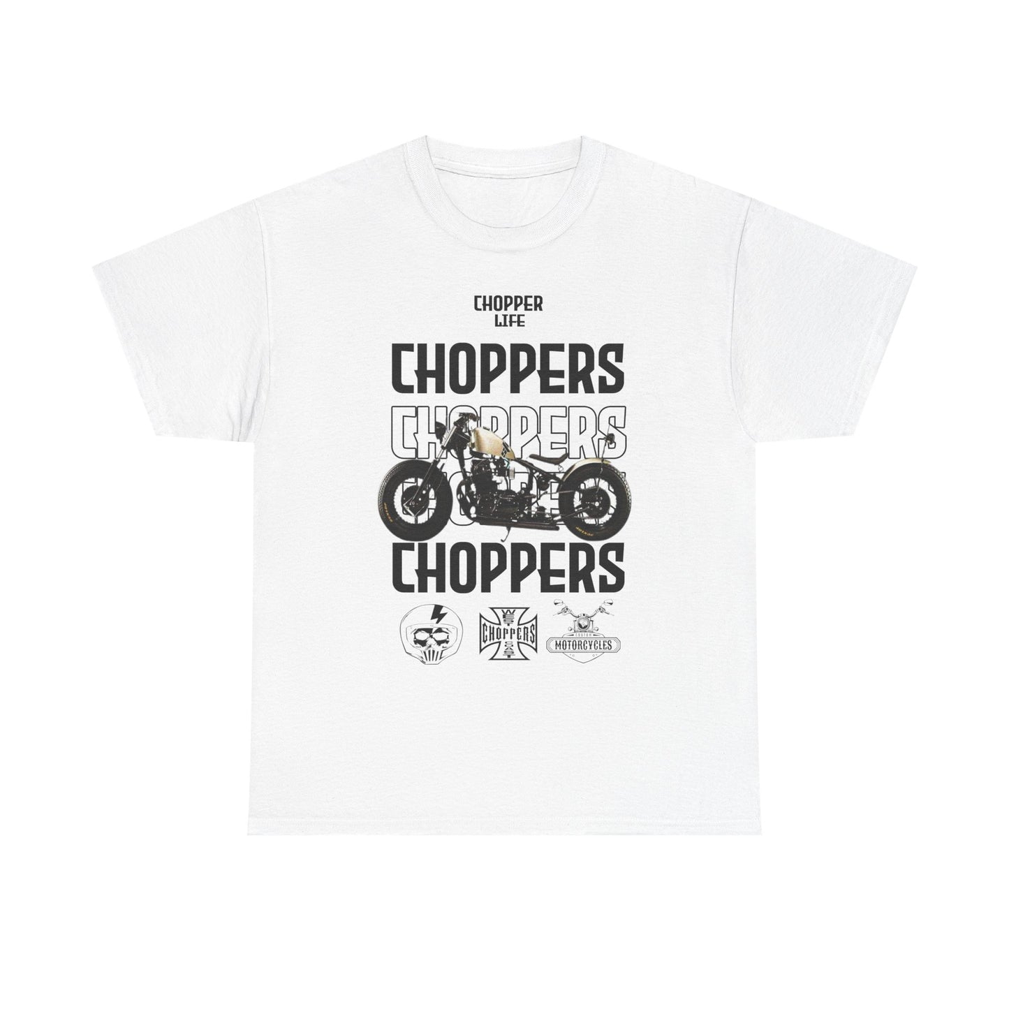 Luxury men's T-shirt featuring bold 'CHOPPERS' graphic design, showcasing a custom motorcycle and cultural emblems, designed for biker enthusiasts.