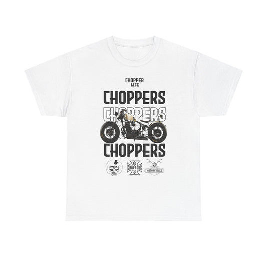 Luxury men's T-shirt featuring bold 'CHOPPERS' graphic design, showcasing a custom motorcycle and cultural emblems, designed for biker enthusiasts.