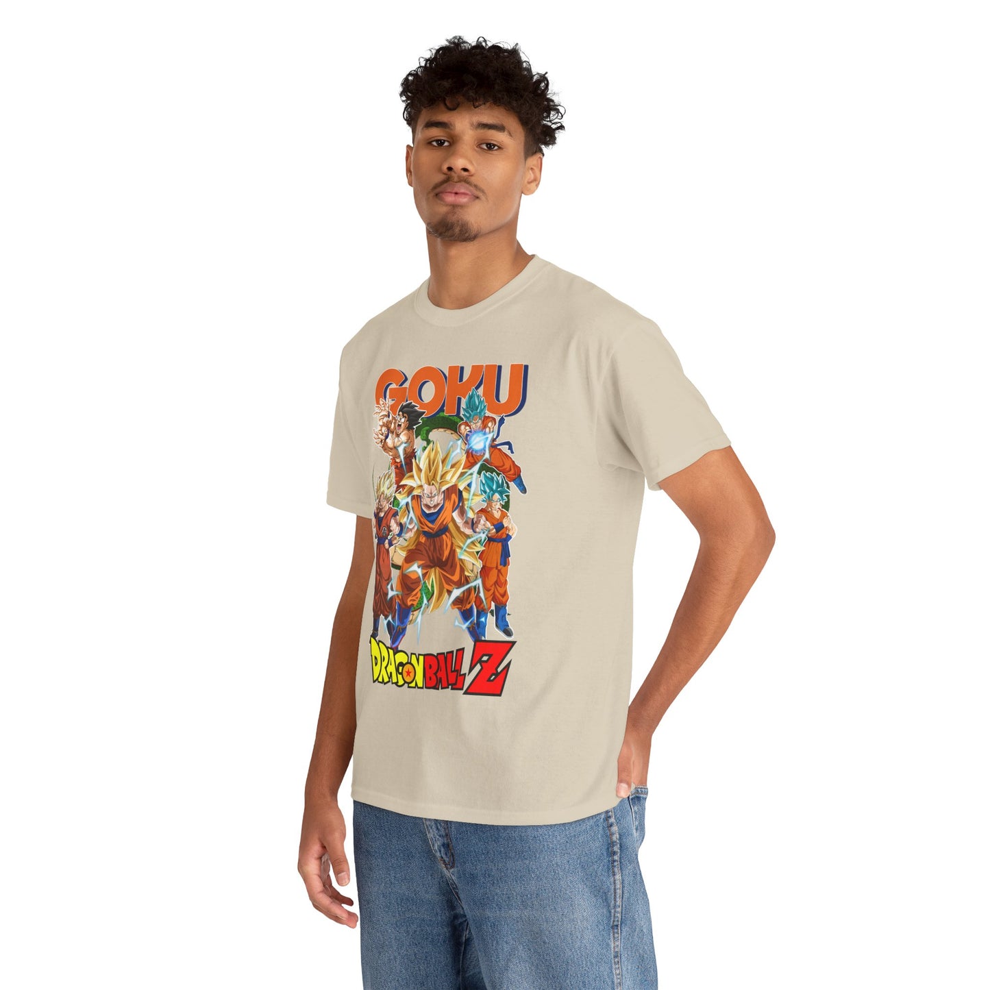 Fashionable model wearing the Goku Power Surge T-Shirt featuring dynamic Dragon Ball Z artwork, epitomising stylish anime apparel for all enthusiasts.