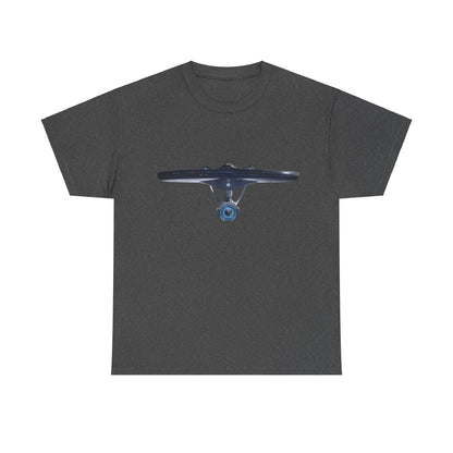 USS Enterprise Star Trek Graphic Unisex T-Shirt in dark grey, elegantly displaying a vivid depiction of the USS Enterprise, ideal for the discerning aficionado.