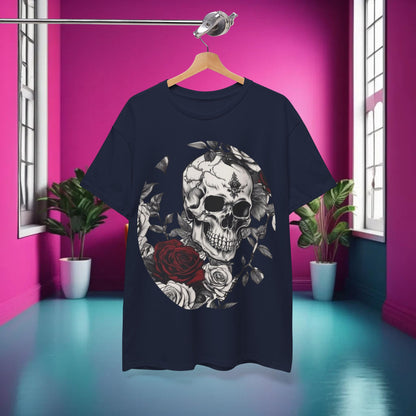 Lifestyle image of the Skulls and Roses Cotton Tee, unisex graphic shirt, displayed elegantly against a vibrant pink interior background.