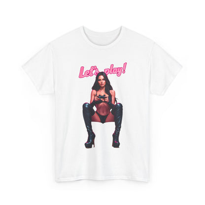 Stylish unisex white tee with striking 'Let's play!' graphic, featuring a poised gamer, ideal for fashion-forward gaming enthusiasts.