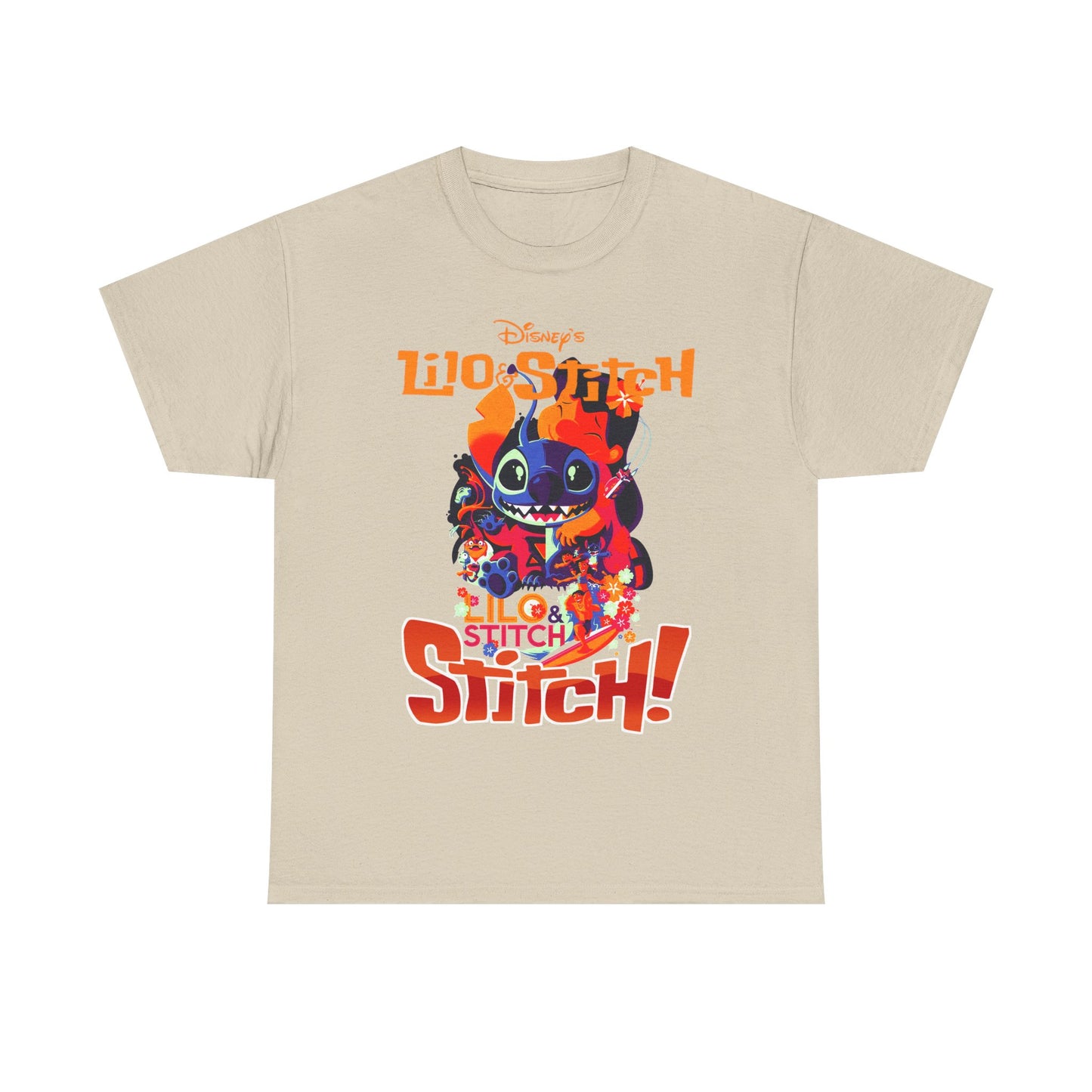 Chic beige Lilo & Stitch graphic t-shirt, illustrating a lively design of Stitch and Lilo amid vibrant florals and bold lettering, a must-have for fashionable Disney lovers.