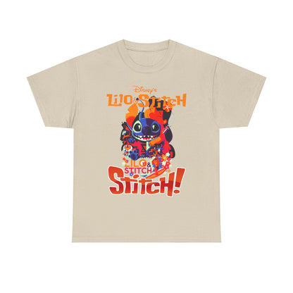 Chic beige Lilo & Stitch graphic t-shirt, illustrating a lively design of Stitch and Lilo amid vibrant florals and bold lettering, a must-have for fashionable Disney lovers.