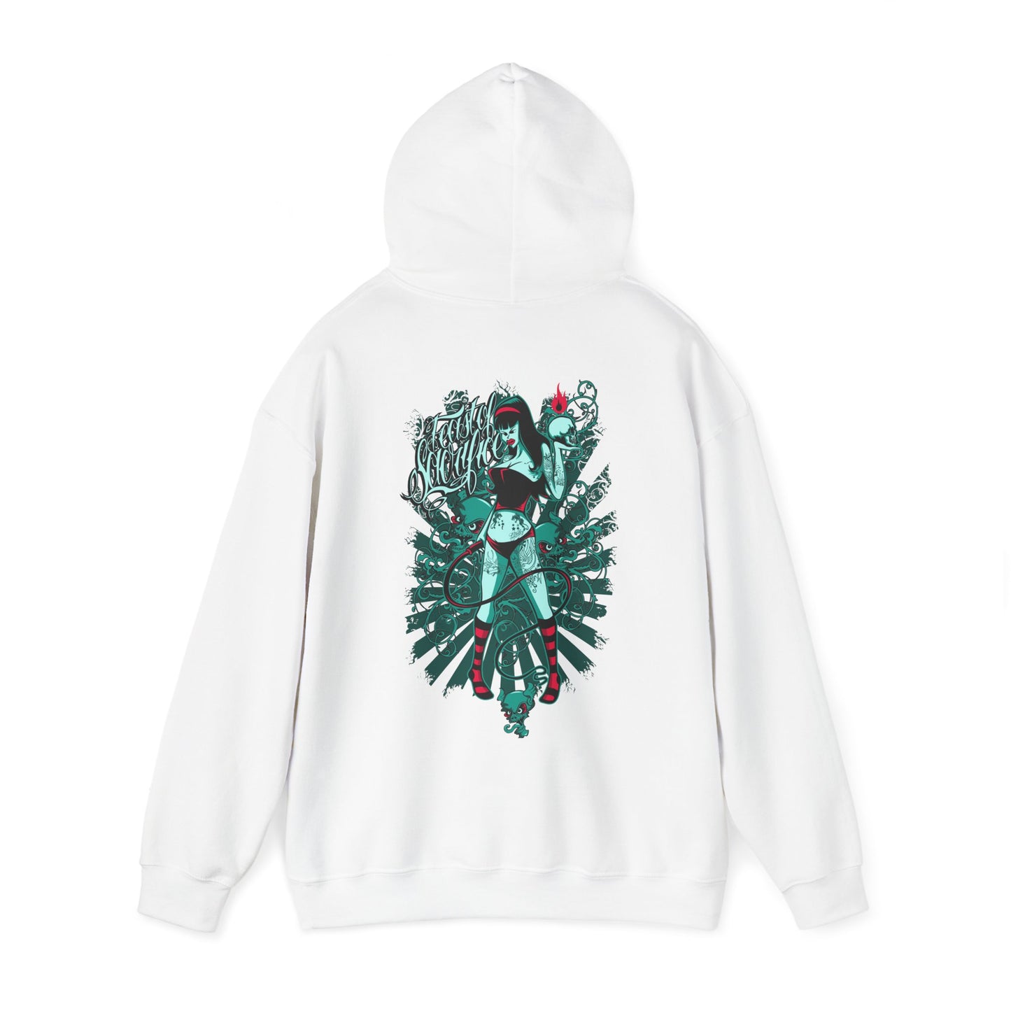 Sophisticated white hoodie featuring an elaborate back design of a fierce woman with a beautiful green snake, accentuated by rich artistic colors for a truly standout look.