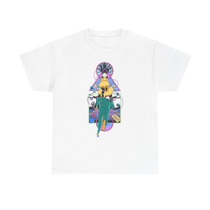 Artistic view of a white t-shirt showcasing a unique Squid Game-themed graphic, featuring vibrant colours and intricate design elements, perfect for fashion-forward individuals.