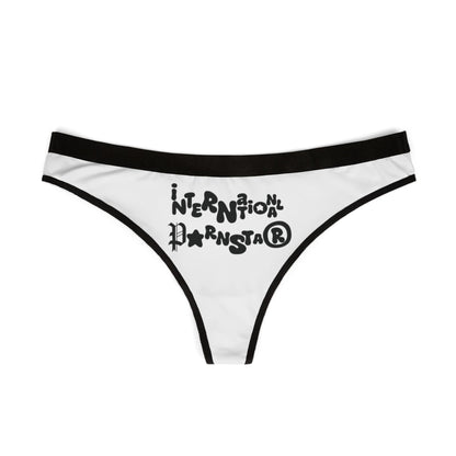 Stylish International Star thong featuring bold graphics and playful typography, perfect for confident women seeking a statement piece.