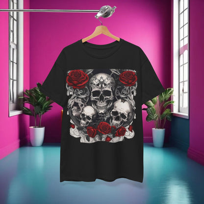 Front view of Skulls and Roses Cotton Tee, unisex graphic shirt adorned with intricate skull and rose design, perfect for alternative fashion statement.
