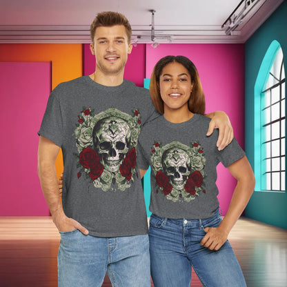 Couple modelling the Skulls and Roses Cotton Tee, showcasing its unisex design and artistic graphics, perfect for stylish, alternative fashion.