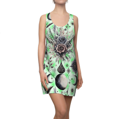 Chic Women's Designer Racerback Dress for Summer Parties and Beach Outings, featuring a beautiful floral design with intricate black and grey roses on a soft green background, ideal for luxurious summer occasions.