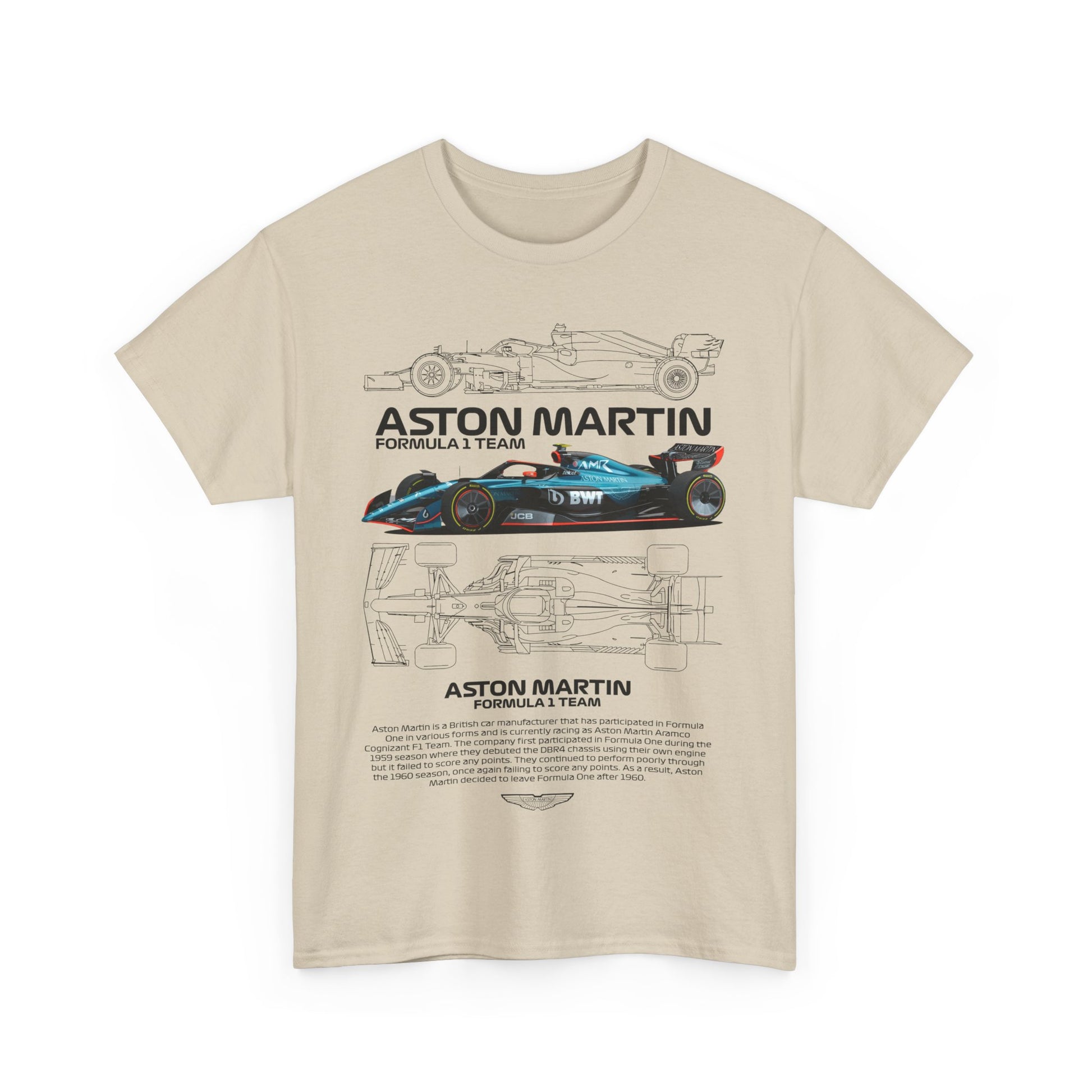 Stylish beige Aston Martin F1 Team Men's T-Shirt featuring a detailed graphic of a high-performance race car and iconic branding.