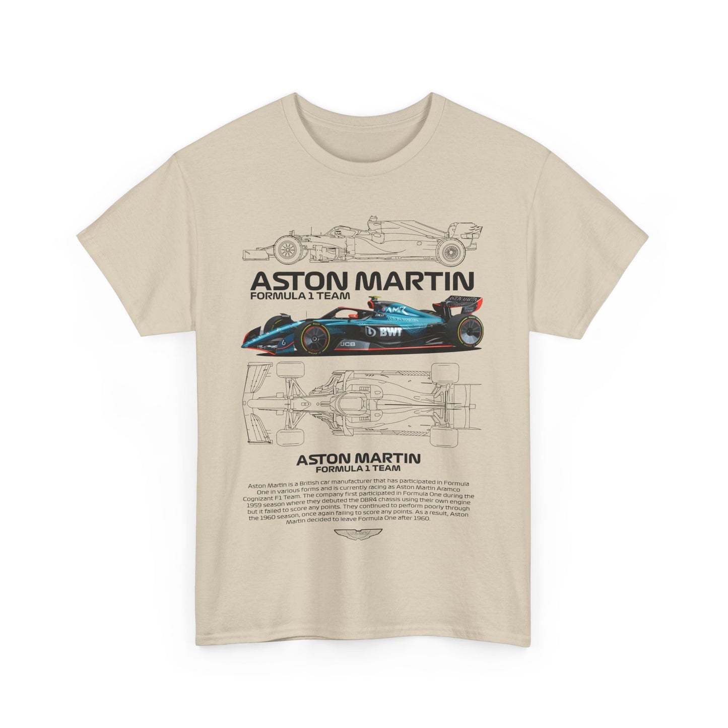 Luxury Aston Martin Formula 1 Team men's T-shirt in beige, showcasing a striking graphic of a Formula 1 car and intricate designs.