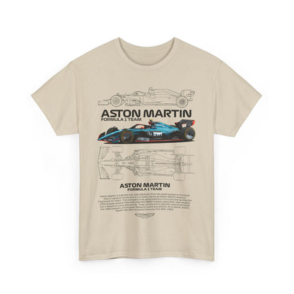 Luxury Aston Martin Formula 1 Team men's T-shirt in beige, showcasing a striking graphic of a Formula 1 car and intricate designs.
