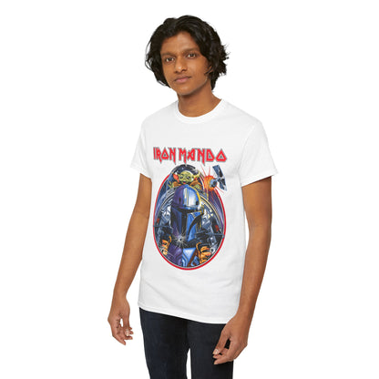 Another model showcasing the Iron Mando Graphic Tee in a relaxed pose, capturing its luxurious Mandalorian graphic appeal, ideal for fashion-forward Star Wars aficionados.