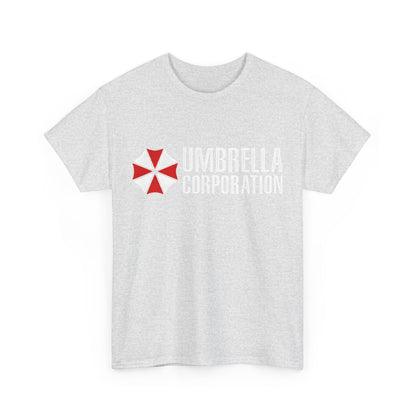 Front view of Umbrella Corporation Graphic Unisex Tee Shirt featuring the iconic red and white logo on luxurious grey fabric.
