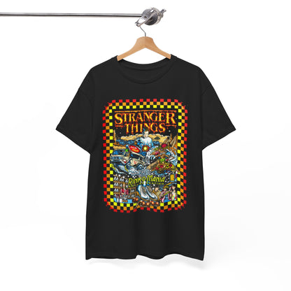 Sophisticated display of a black t-shirt with eye-catching Stranger Things Rink O Mania design, hung stylishly to highlight its premium quality.