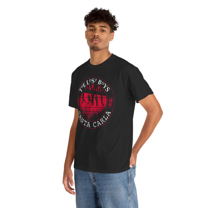 Fashionable young man wearing a black t-shirt with the 'Lost Boys' Santa Carla logo, showcasing a perfect combination of casual comfort and nostalgic charm.
