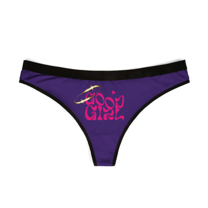 Stylish ‘Good Girl’ thong panties in a chic purple colour with eye-catching pink script and halo detail, perfect for a playful yet sophisticated look.
