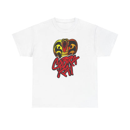 Stylish unisex graphic t-shirt featuring a striking Cobra Kai logo with a bold snake illustration, perfect for martial arts enthusiasts.