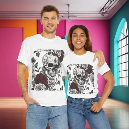 Model couple wearing the Skulls and Roses Cotton Tee, radiating style and confidence with its unique design.