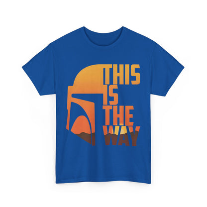 Mandalorian Star Wars 'This is the Way' Logo Graphic Unisex Tee Shirt in vibrant blue, featuring a bold design showcasing the iconic helmet and inspirational phrase.