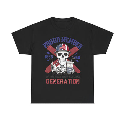 Elegant black unisex graphic tee titled 'Proud Member', showcasing a rebellious skeleton motif with American flag hat, embodying the spirit of the 'F..k Your Feelings Generation'.