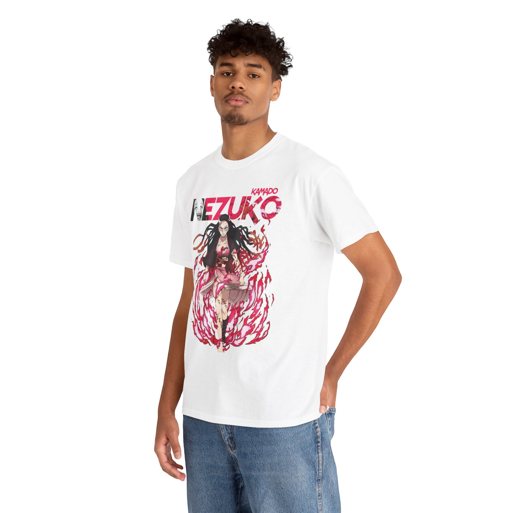 Premium white T-shirt featuring dynamic Nezuko Kamado graphic, perfect for trendy anime enthusiasts.