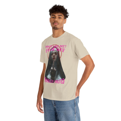 Fashion-forward model showcasing a cream-coloured T-shirt with striking Gothic imagery and vivid pink text, illustrating a rebellious and unique style.