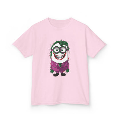 A pink Minions Joker T-Shirt displayed flat, showcasing the quirky and fun design of a Minion styled as the Joker from The Dark Knight Rises, ideal for children looking to add some playfulness to their wardrobe. This is a delightful Funny Minions T Shirt.