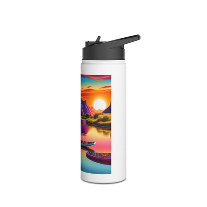 Chic Fantasy Paddleboarding Stainless Steel Water Bottle adorned with striking sunset and water reflections, perfect for keeping drinks hot or cold.