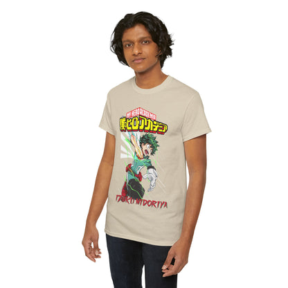 Chic Izuku Midoriya T-Shirt displayed on a model, highlighting vibrant graphics and premium fabric, ideal for stylish anime fans.
