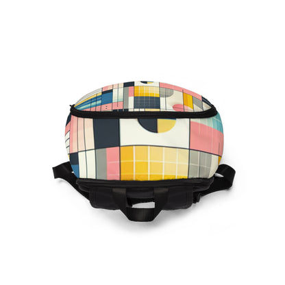 Elegant Pastel Geometric Modern Backpack by Dazzling Dreams, showcasing stunning artful design with vibrant colours including soft blues, pinks, yellows, and greens, perfect for fashion-forward individuals seeking style and functionality.