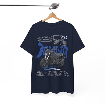 Refined navy t-shirt elegantly displayed on a hanger, featuring an impressive Dominar 400 motorcycle graphic, appealing to luxury and motorcycle lovers alike.