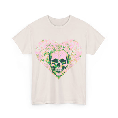 Skulls and Roses Cotton Tee - luxury unisex graphic shirt featuring an intricate skull design surrounded by delicate roses in a heart shape.