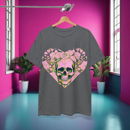 The Skulls and Roses Cotton Tee displayed in a stylish interior, highlighting its unique skull and rose artwork, ideal for casual or special occasions.