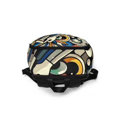 Ethereal Spectrum Vision Backpack by Dazzling Dreams Studio featuring vibrant comic motifs and a dynamic colour palette, perfect for stylish individuals seeking a unique and functional accessory.