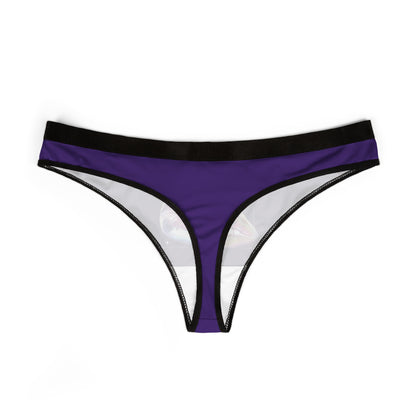 Luxurious purple thong featuring a sheer design and holographic lips with the provocative text "EAT ME", designed for confident women.