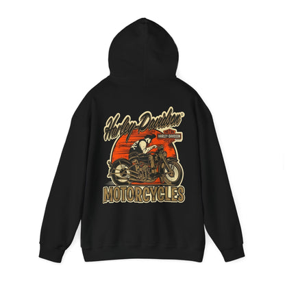 Elegant black Vintage Harley-Davidson hoodie featuring a classic motorcycle graphic on the back, a tribute to the adventurous spirit of motorcycling enthusiasts.