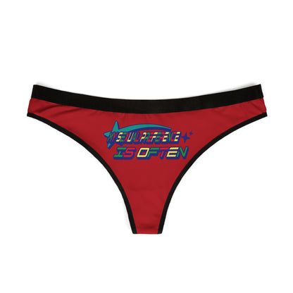 Elegant red thong panties displaying the playful slogan "MY SEXUAL PREFERENCE IS OFTEN" in striking multi-colours, adorned with a sophisticated black trim for a chic look.