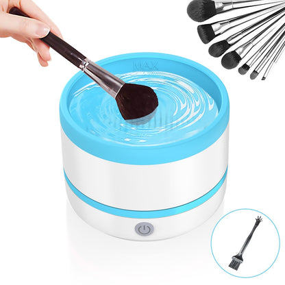 Dazzling Dreams Studio Makeup Brush Automatic Cleaning Device in chic blue, showcasing the device as it cleans a makeup brush, perfect for a luxurious beauty routine.