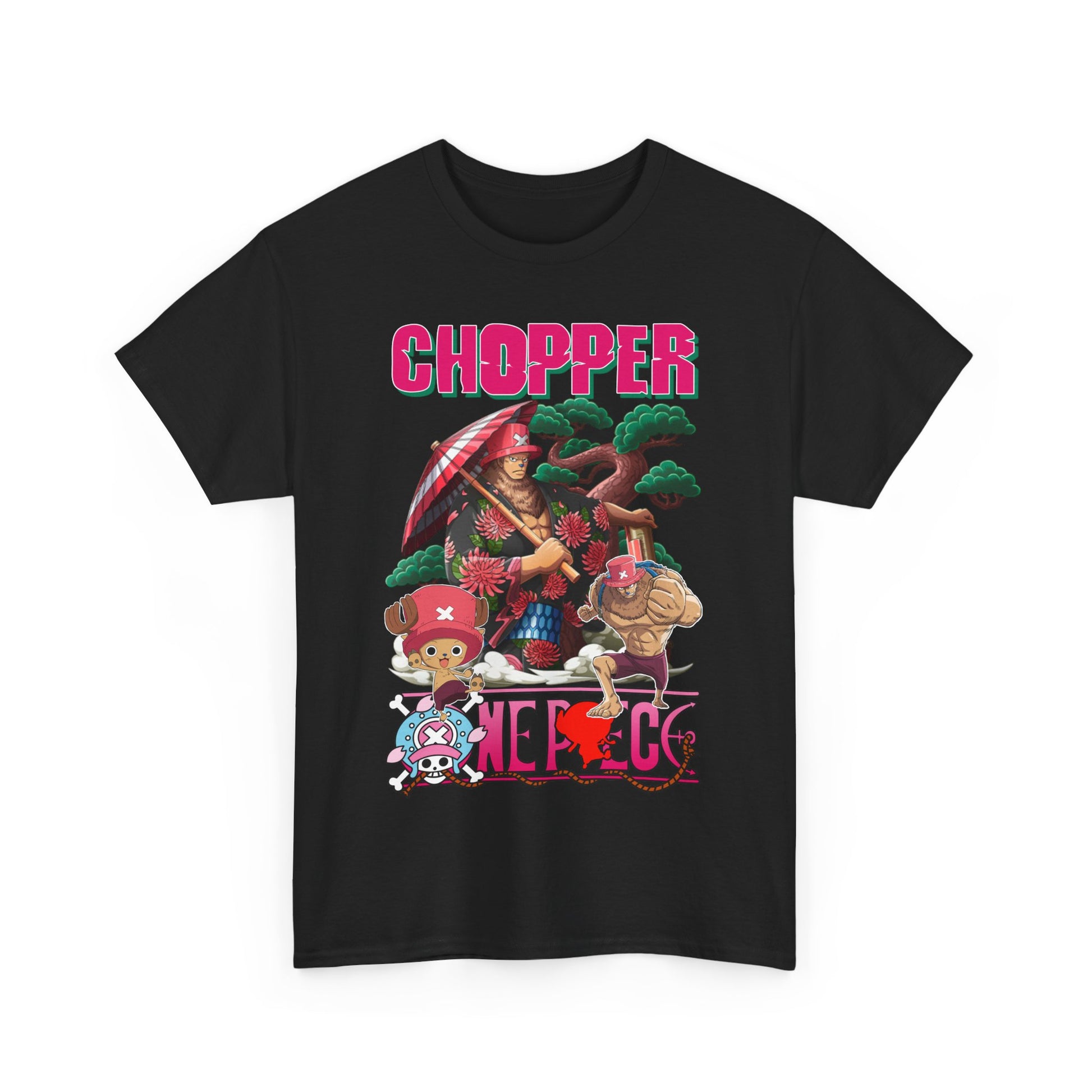 Premium black men's t-shirt featuring stunning anime graphic art of Chopper and friends, designed for those who appreciate quality and style.