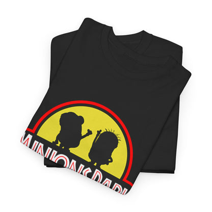 Folded Minions Park Jurassic Park Mashup Unisex Graphic T Shirt showcasing striking Minions silhouettes, an ideal choice for those who appreciate funny T Shirts.