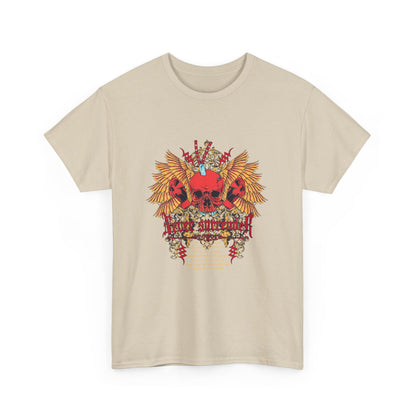Striking beige t-shirt showcasing a striking 'Never Surrender' graphic, with vibrant red skull and majestic wings, perfect for expressing individuality.