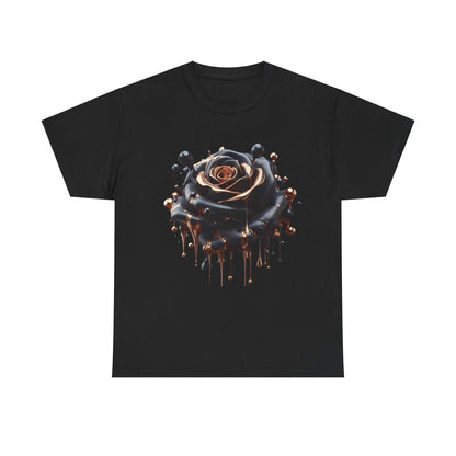 Luxury Close-Up Abstract Rose Unisex Cotton Tee Graphic T Shirt featuring a stunning black rose design with molten reddish-bronze and copper elements against a dark background.