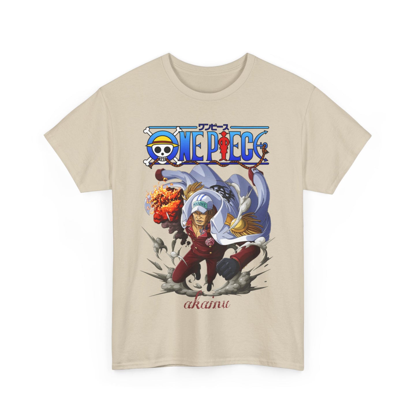 Stylish beige variant of the One Piece Akainu T-Shirt, showcasing striking graphic design featuring Akainu, ideal for those who appreciate luxury and anime.