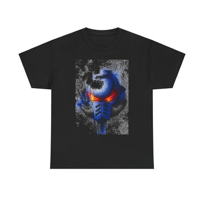 Elegant unisex black t-shirt displaying a captivating helmet graphic with bright red eyes, designed for stylish urban wear.