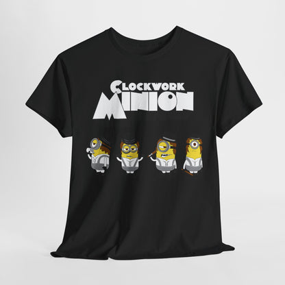 Clockwork Minion Mashup Unisex Men´s Women´s Graphic T Shirt Tee featuring playful Minion characters dressed in stylish outfits, embodying a mix of fun and sophistication. Perfect for fans of humor and iconic cinema, this T Shirt is a great choice for anyone who loves Minions and quirky fashion.