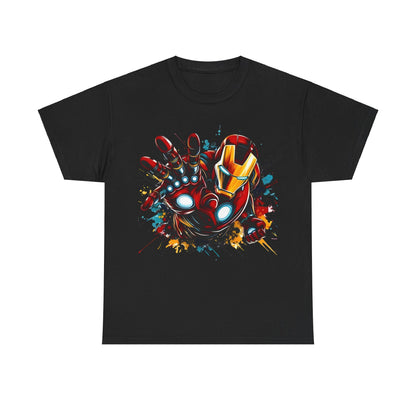 Unleash Your Inner Hero: Iron Man Graphic Unisex Tee Shirt featuring a striking illustration of Iron Man in vibrant colours against a black background, perfect for superhero enthusiasts.