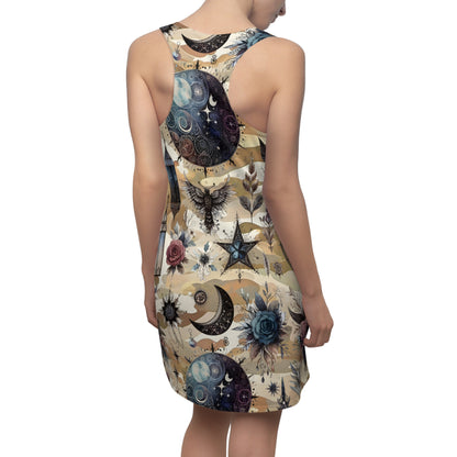 Elegant Women's Chic Designer Racerback Dress featuring a celestial inspired print adorned with moons, stars, and floral patterns. Perfect for stylish summer outings and casual events.